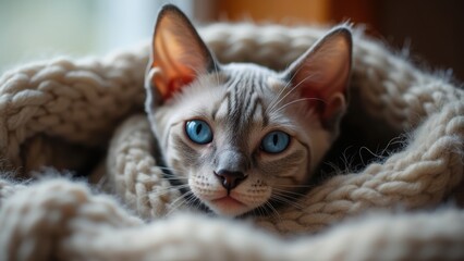 Cute Cat With Striking Blue Eyes Wrapped in a Cozy Knitted Blanket Relaxing Indoors in Soft Natural Light
