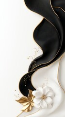 Elegant Black and White Abstract Art with Gold Accents and Flower