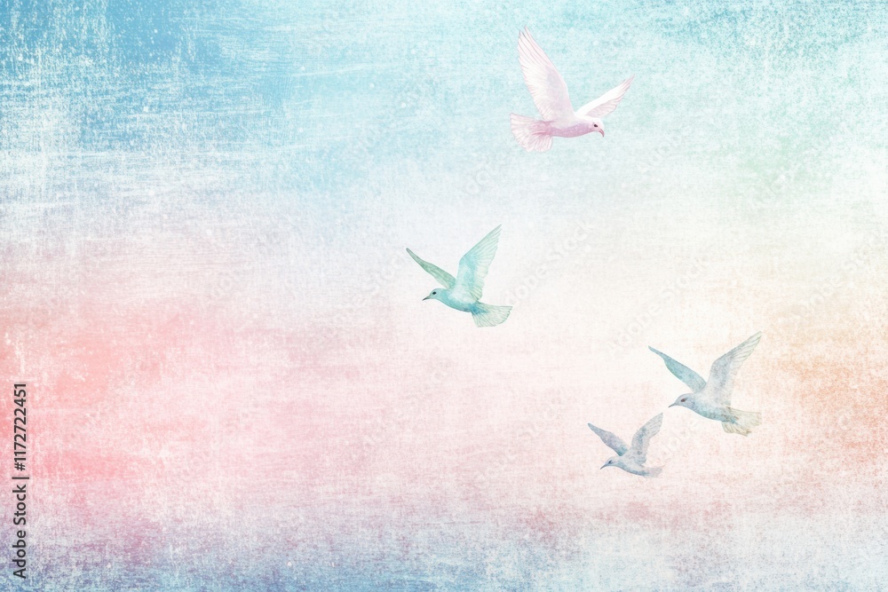 Aufkleber colorful birds flying against a soft pastel sky with a retro risograph style from a serene evening s
