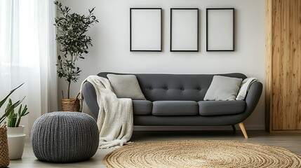 Modern living room interior design, cozy sofa, plants, natural rug.