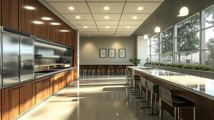  Breakroom cleaning in progress countertops being wiped chairs neatly arranged maintaining hygiene and tidiness essential for a clean organized workspace environment.