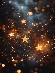 Fototapeta premium Golden Stars Sparkle Mysteriously in a Dark Night Photo. AI Generated