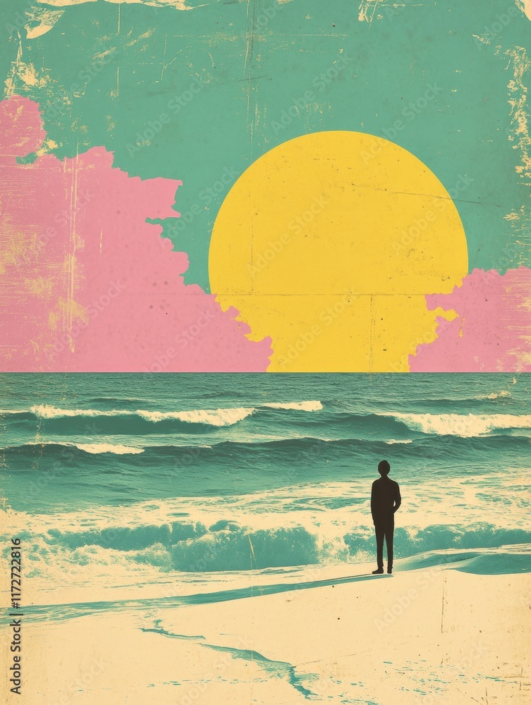 Poster Sunset silhouette on a beach with vibrant colors and retro risograph style capturing a serene moment by the shore. Generative AI