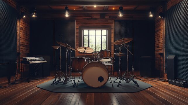  Cozy recording studio featuring a drum kit setup on wooden floor, surrounded by acoustic panels and ambient lighting, creating perfect space for musicians to practice and record music.