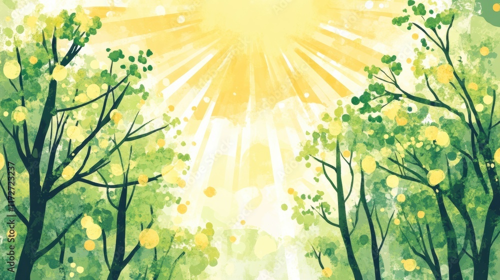Poster Bright sun shining through green trees in a playful doodle with a whimsical style and lighthearted atmosphere. Generative AI