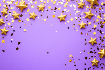 Golden Stars and Glitter Confetti on Purple Background