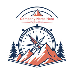 Features a mountain, evergreen trees, and a compass design logo