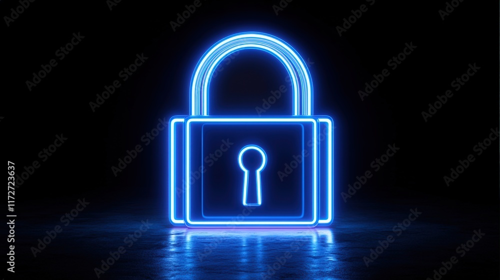 Aufkleber blue neon padlock made up of lines in vector style on a dark background for digital security concept