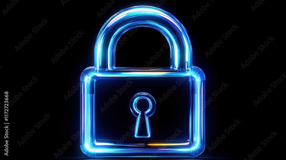 Poster blue neon padlock design in vector style with a modern glow effect for digital art and graphic desig