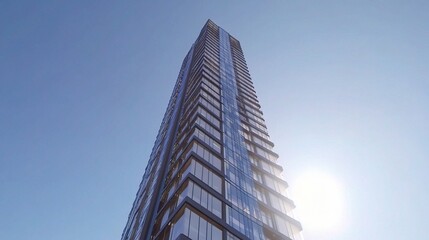 Fototapeta premium High-Rise Glass Building with Dark Steel Frame Against Clear Sky
