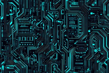 Abstract close-up of a glowing blue digital circuit board, showcasing intricate connections and technological design on a black background.
