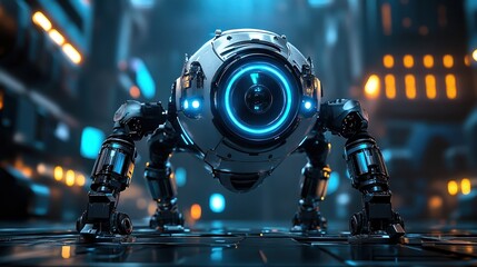 Fototapeta premium Futuristic four-legged robot with glowing blue eye standing in high-tech environment. Advanced robotics and artificial intelligence concept highlighting innovation and futuristic machinery.