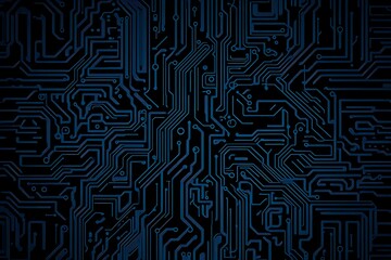 Abstract close-up of a glowing blue digital circuit board, showcasing intricate connections and technological design on a black background.
