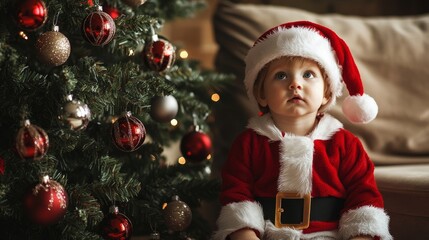 Cheerful Toddler in Santa Costume Sitting by Christmas Tree, Festive Holiday Scene with Warm Atmosphere