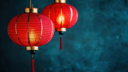 Fototapeta premium Red lanterns glowing against dark blue background symbolizing lunar new year