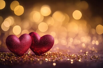 Two glittery red hearts on a sparkling background, symbolizing love and affection.