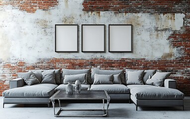 Grey sectional sofa in industrial loft, three empty frames on exposed brick wall, interior design mockup.