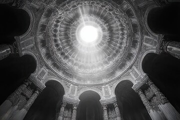 Light radiates through the ornate dome of an ancient structure showcasing intricate architectural details