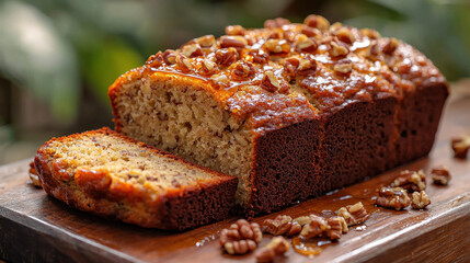 Sliced pecan banana bread loaf on wooden board, outdoor setting, blurred greenery