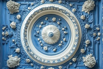 Obraz premium Intricate ornamental ceiling design featuring floral motifs in light blue and white, showcasing exquisite craftsmanship