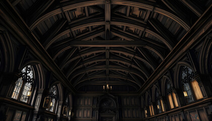 Dark victorian ceiling in gothic castle hall interior with wooden walls, beams and gloomy atmosphere, one line art, with white tones