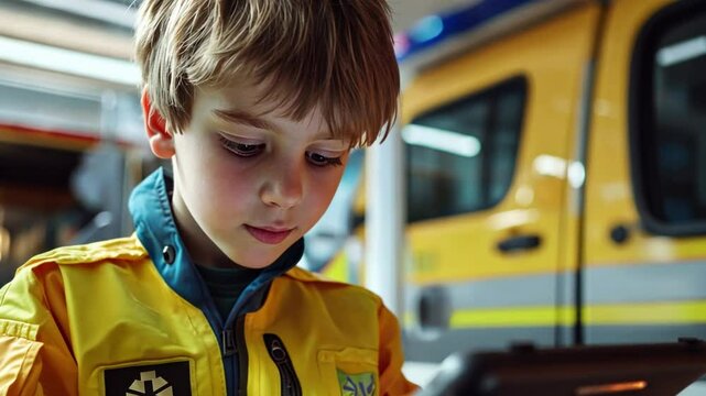 A young boy uses multi-language AI translators to aid paramedics in multicultural regions during emergencies.