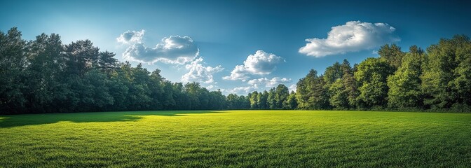 Obraz premium A large field of grass with two trees in the foreground and a clear blue sky