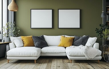 Modern sectional sofa in olive green room, mockup frames.