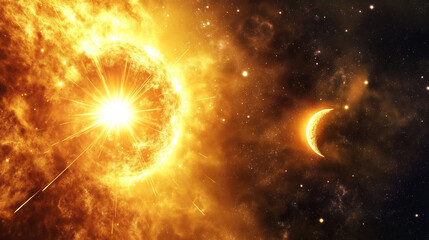 Obraz premium Sun and Moon in Space, Bright and Colorful, Celestial Phenomenon, Space Background, Copy Space 