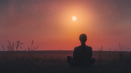 Fototapeta premium Silhouette of a person meditating at sunset with starry sky background 