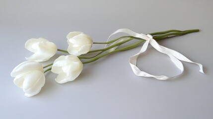 White tulips tied with a ribbon, lying on a pale gray background