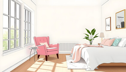 Cozy bright bedroom interior with pink armchair and double bed near window. Illustration