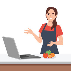 Smiling woman with kitchen utensils look out of laptop screen. Flat vector illustration isolated on white background