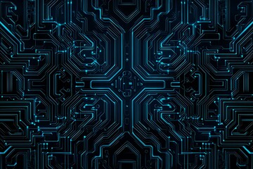 Abstract close-up of a glowing blue digital circuit board, showcasing intricate connections and technological design on a black background.
