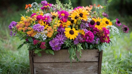 A colorful arrangement of summer flowers in a rustic wooden basket on a sunny day.