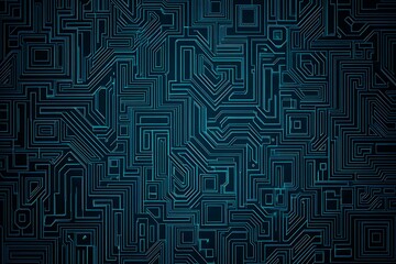 Abstract close-up of a glowing blue digital circuit board, showcasing intricate connections and technological design on a black background.
