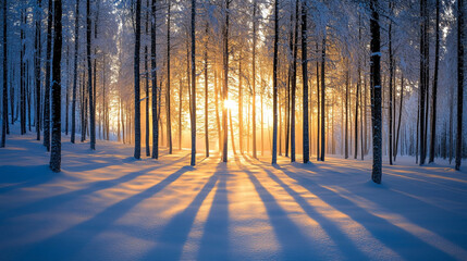 Winter sunlight filters through snow-covered trees in a serene forest at dawn