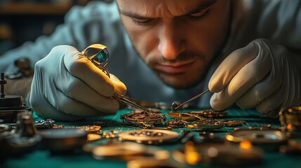 Watchmaker repairing intricate timepiece components with precision tools under focused light, wearing white gloves, highlighting detailed craftsmanship, careful adjustments, and traditional horology t