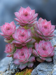 Close-Up Photo: Delicately Blooming Pink Succulents Nestled Amongst Rocks. AI Generated