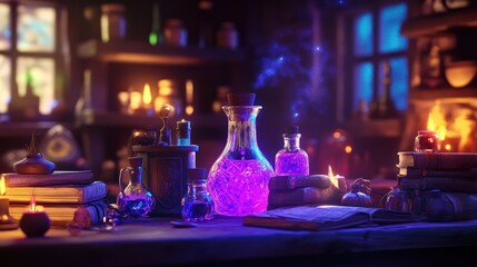 Magic Potion: Bottles of glowing potions, spell books, and magical ingredients on a Witcher workbench. paper cut Art Style 3d