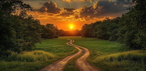 Fototapeta premium A road winds through a lush green field with a bright sun in the sky