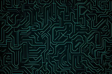 Abstract close-up of a glowing blue digital circuit board, showcasing intricate connections and technological design on a black background.
