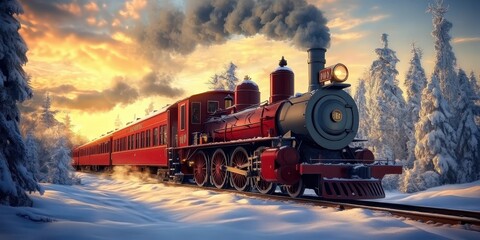 Naklejka premium A Vibrant Red Steam Train Passing Through a Snowy Forest Landscape at Sunset with Smoke billowing from the Chimney