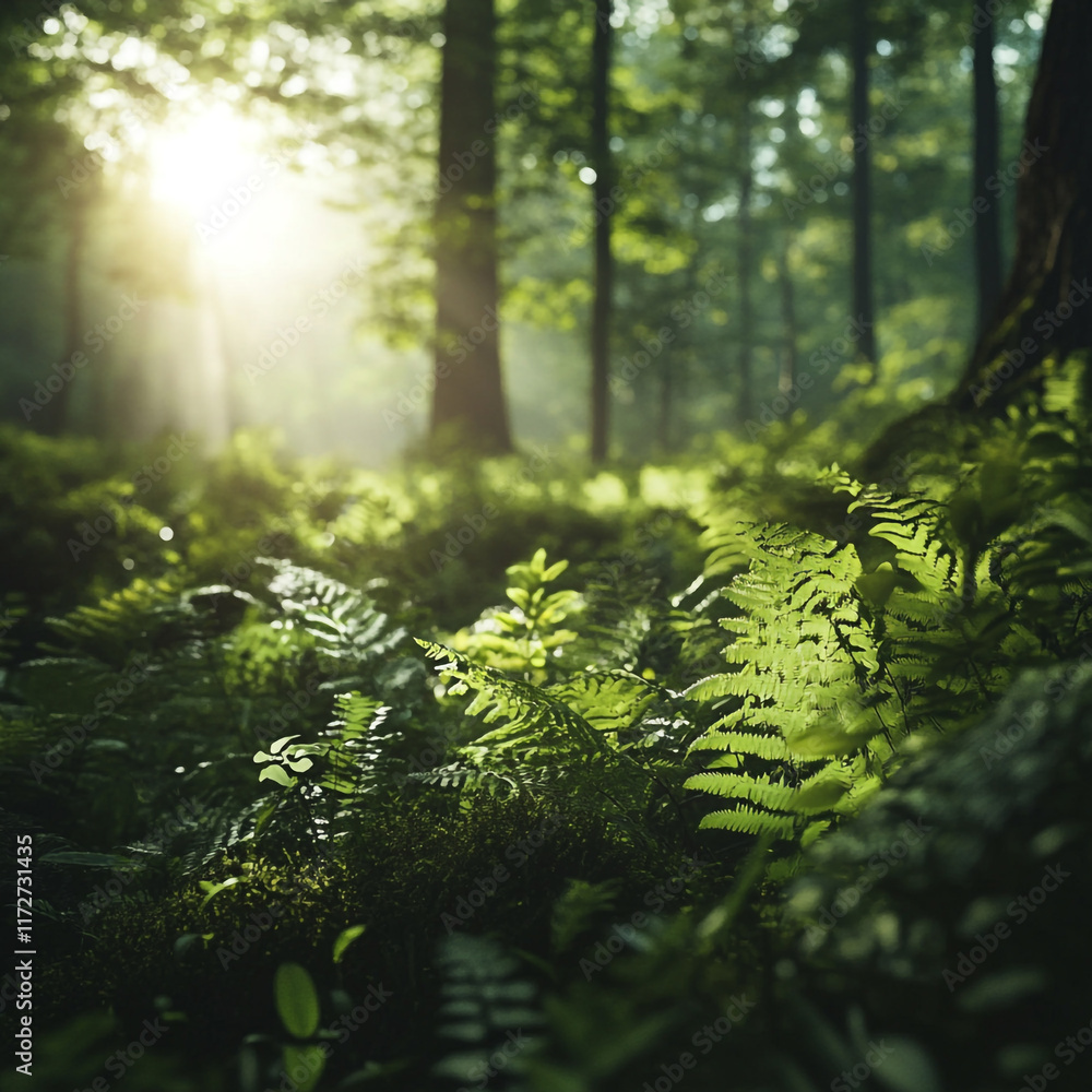 Poster sunlight filters through trees illuminating ferns in a serene forest setting