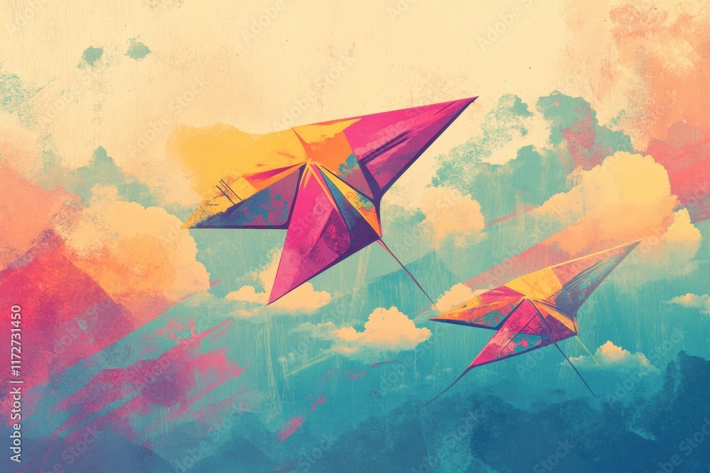 Poster colorful kites soaring in a vibrant sky blending retro style with dreamy clouds during a bright afte