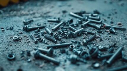 A detailed image of screws, bolts, and washers scattered on a concrete floor near a construction zone.