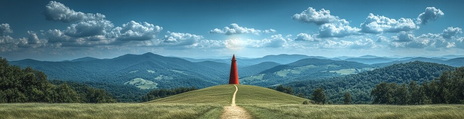 A red tower is on a hill in the middle of a green field