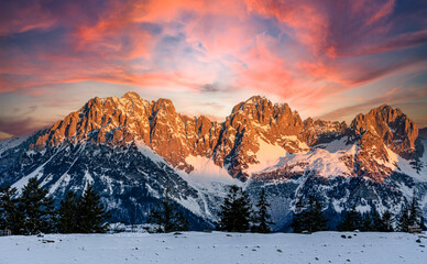 Alpenglow at the Wilder Kaiser Astbergsee, Going, Tyrol, Austria in the Morning