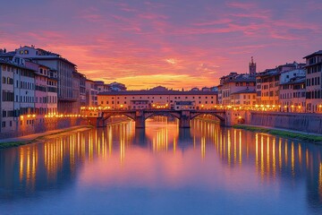 Fototapeta premium Stunning sunset over Arno River in Florence showcasing vibrant reflections and historic architecture
