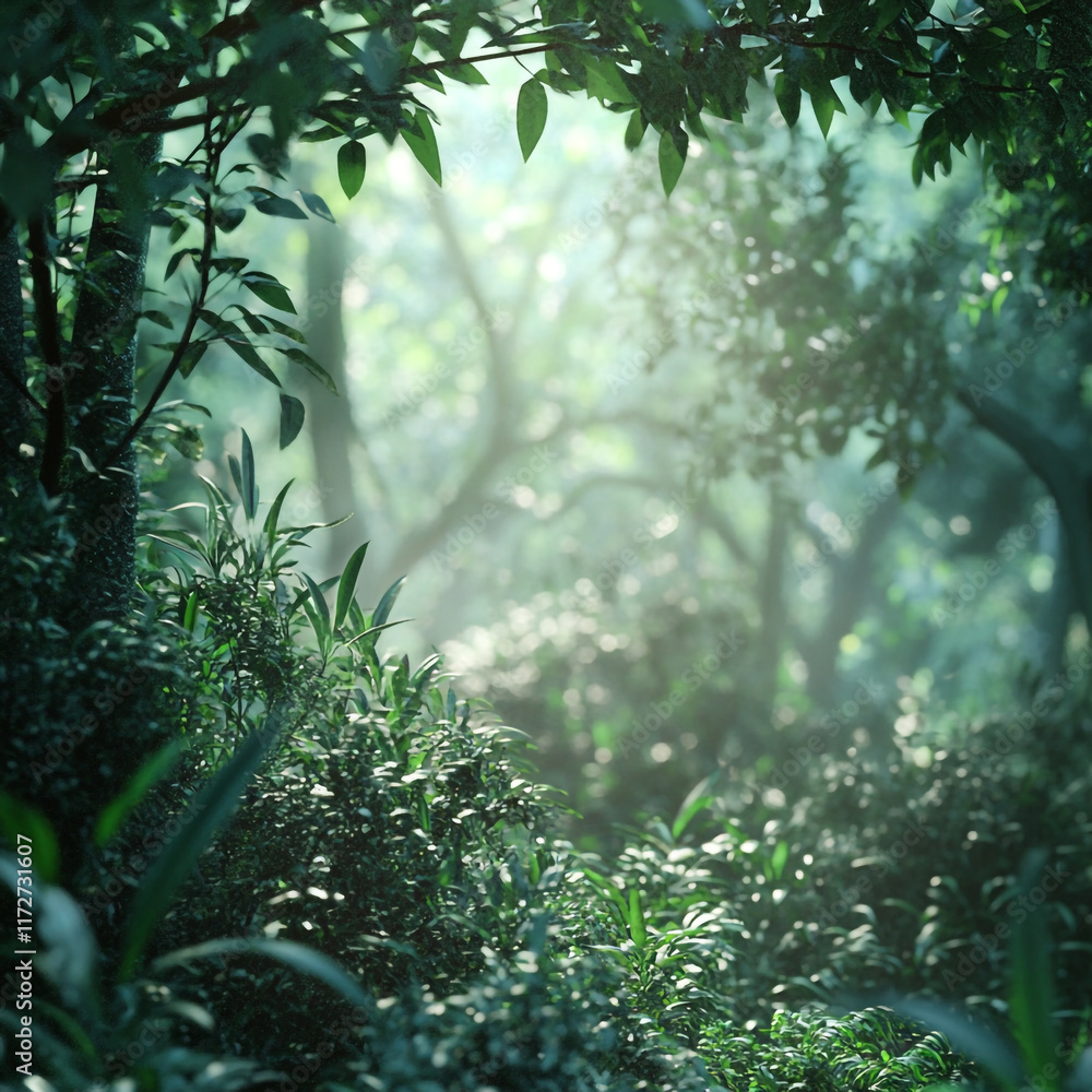 Poster lush green forest with soft light filtering through leaves in tranquil nature setting